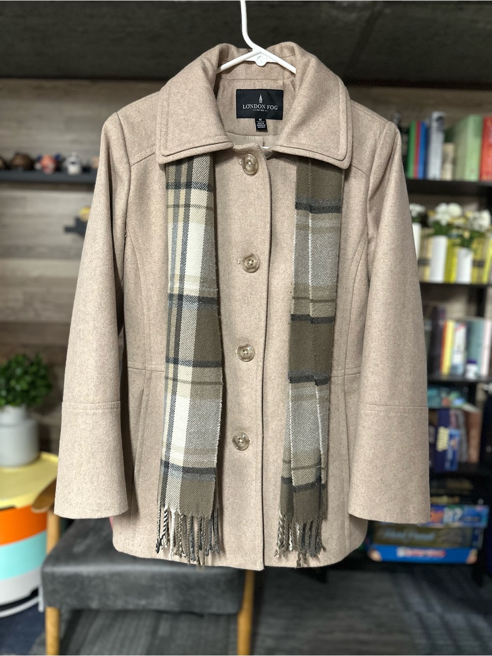 London Fog Womens Camel Wool Blend Peacoat Jacket w Scarf Size Medium